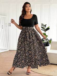 SHEIN Frenchy 大码女式时尚拼布印花高开衩方领短袖连衣裙