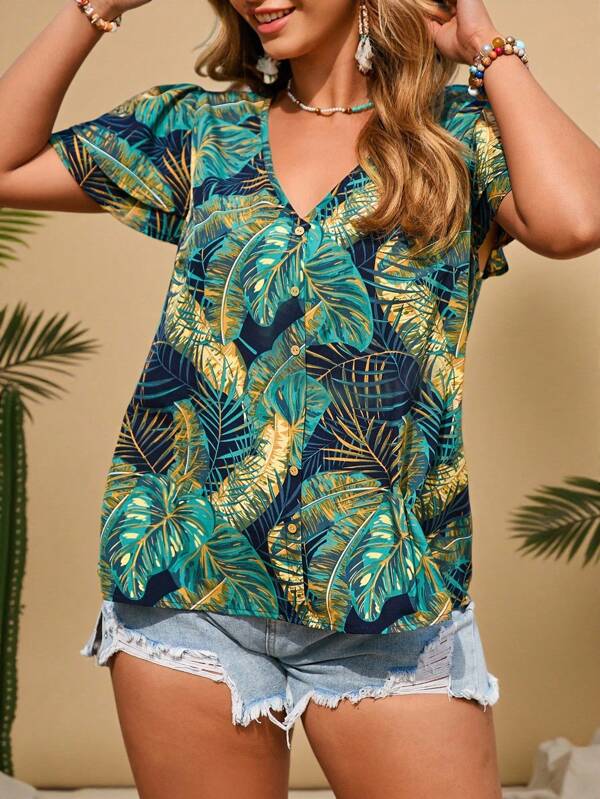 SHEIN VCAY Plus Size Women's Boho Vacation Tropical Plant Print Double Layer Short Sleeve V-Neck Blouse, For Summer