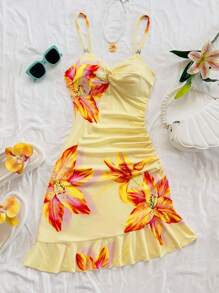 Soleia Đầm ngắn hở vai thiết kế xoắn họa tiết hoa dành cho nữ - Màu vàng - Xem 6
