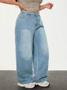 SHEIN ICON Plus Size Women Pocketed Wide Leg Loose Casual Versatile Jeans
