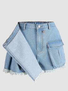 Teenage Girls Asymmetrical Design Snug Fit Casual Denim Skirt Shorts - Light Wash - View 2