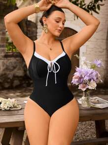 Swim Chiccia Plus Size Contrast Color Skinny Strap Fitted Backless Bowknot One-Piece Swimsuit For Summer Beach Vacation - Black and White - View 4