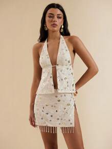 SHEIN BAE Women's Sexy Backless Sequined Camisole, Suitable For Beach Vacation, Champagne Color Sequin Embroidered Sleeveless Tank Top - Apricot - View 7