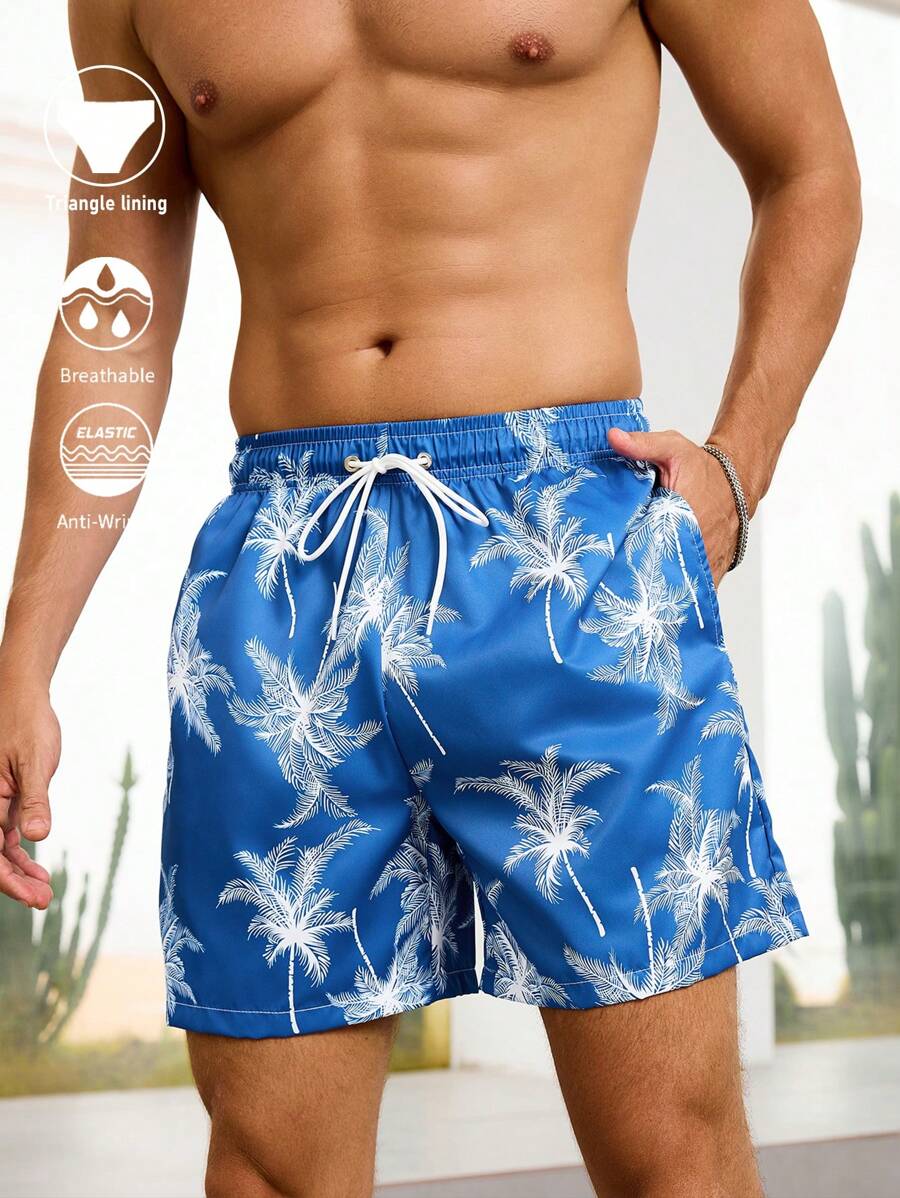 CoralVoy Men's Plant Print Pocket Drawstring Waist Beach Shorts, Suitable For Summer, Hawaiian - Blue - View 1