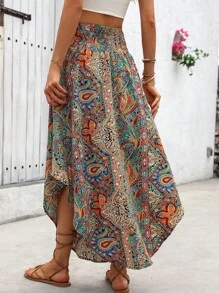 SHEIN PETITE Short Women Print Waist Drawstring Asymmetrical Hem Casual A-Line Skirt, Suitable For Petite, Resort Style