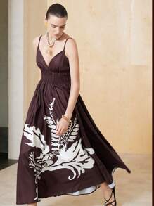 SHEIN Privé Gaun A-Line Wanita Model Terbaru Gaya Eropa & Amerika untuk Liburan, Elegan, Motif Bunga, Pinggang V Dalam, Desain Ruffle, dan Pinggang Ramping - Coffee Brown - View 2