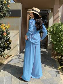 DAZY 优雅不对称衬衫上衣和阔腿裤女式两件套，秋季女装 - 淺藍色 - 查看 5