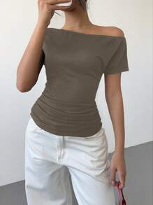 Siren Gaze Women's Slash Neck Ruffle Detail Asymmetrical Hem T-Shirt, Black Summer