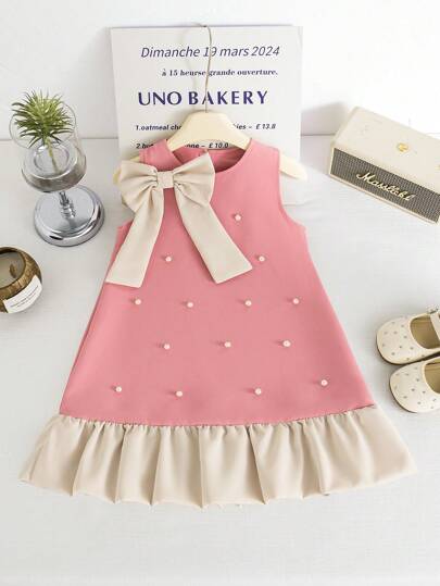 SHEIN Elladie kids Young Girl Summer New V-Neck Sleeveless Bowknot Pearl Decor A-Line Hem Floral Lace Trim French Style Elegant Simple Commuting Princess Mini Dress