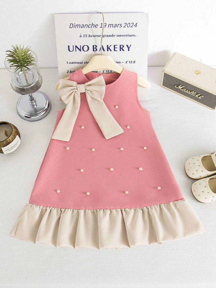 SHEIN Elladie kids Đầm công chúa đi làm đơn giản thanh lịch cổ chữ V không tay trang trí ngọc trai viền chữ A viền ren hoa phong cách Pháp cho bé gái mùa hè - Hồng - Xem 1