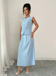 Elenzga 2pcs/Set Lace Trim Sleeveless Waist-Defining High Waist Skirt Set - Blue - View 4