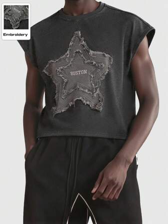 Street Life Gilet sans manches en coton noir pour hommes avec patches brodés d'étoiles au design de rue américain