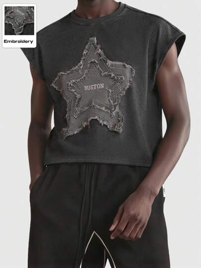 Street Life Chaleco sin mangas de algodón negro para hombres con parches bordados con diseños estrellados de estilo callejero americano