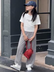 DAZY Tween Girl 2 Pieces Set 2 In 1 T-Shirt And Plaid Straight Pants