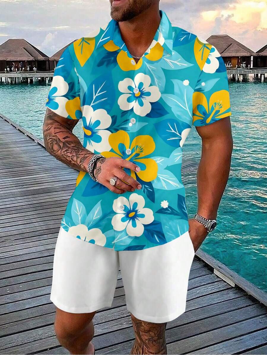 Manfinity RSRT Men's Floral Print Button-Up Short Sleeve Casual Shirt, Summer - Multicolor - View 1