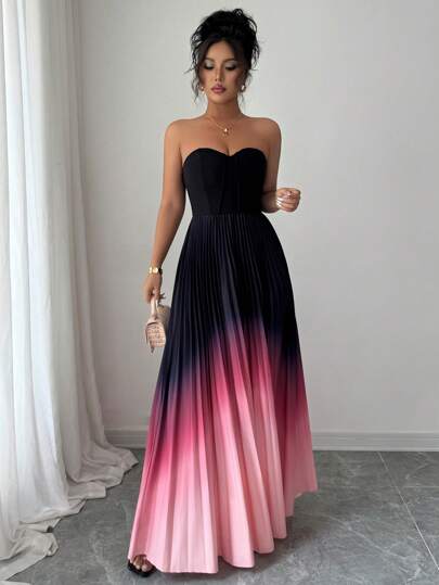 Elenzga Ombre Gradient Elegant Ruched Waist A-Line Dress For Women