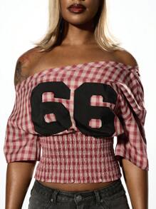SUMWON WOMEN Áo crop top hở vai nhún eo in họa tiết lễ hội cổ điển thường ngày - Đỏ và trắng - Xem 6