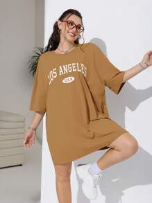 SHEIN EZwear Plus Letter Graphic Drop Shoulder Tee Dress Plus Size T Shirt Girlsy2k Plus Size Clothesoversized T Shirt Women,Summer Dresses For Women,Dresses Casual Oversized T-Shirt Dress - Khaki - View 5