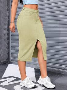 SHEIN Minifalda de mezclilla casual con bolsillos y abertura hasta el muslo de color liso, primavera/verano - verde menta - Ver 3