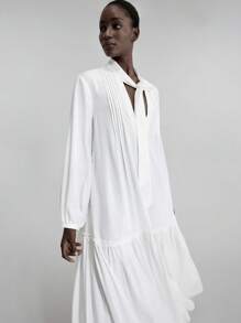 Ontre Vestido largo de mujer con nudo delantero, vestido maxi de manga larga con cuello en V profundo, fruncido, de unicolor minimalista, elegante atuendo de primavera/verano para damas, vestimenta casual de oficina, estilo vintage discreto, moda urbana de alta calidad para viajes en avión - Blanco - Ver 7