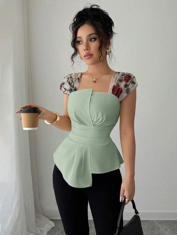 Elenzga Blusa asimétrica con panel de encaje bordado con cierre en la cintura, blusa de estilo peplum para mujer