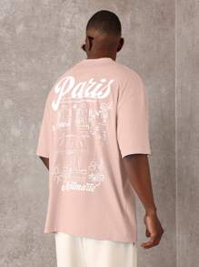 SUMWON Camiseta de algodón de estilo callejero con gran estampado de café de París, ilustración del barrio de Montmartre, moda retro francesa, informal y urbana