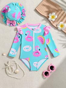 Baby Girl Cute Printed One-Piece Swimsuit Toddler Girl Long Sleeve Swimsuit Toddler Rash Guard Girl Toddler Girl Swimsuit With Hat Flamingo Swimsuit Toddler Girl Two Piece Swimsuit Toddler Girl