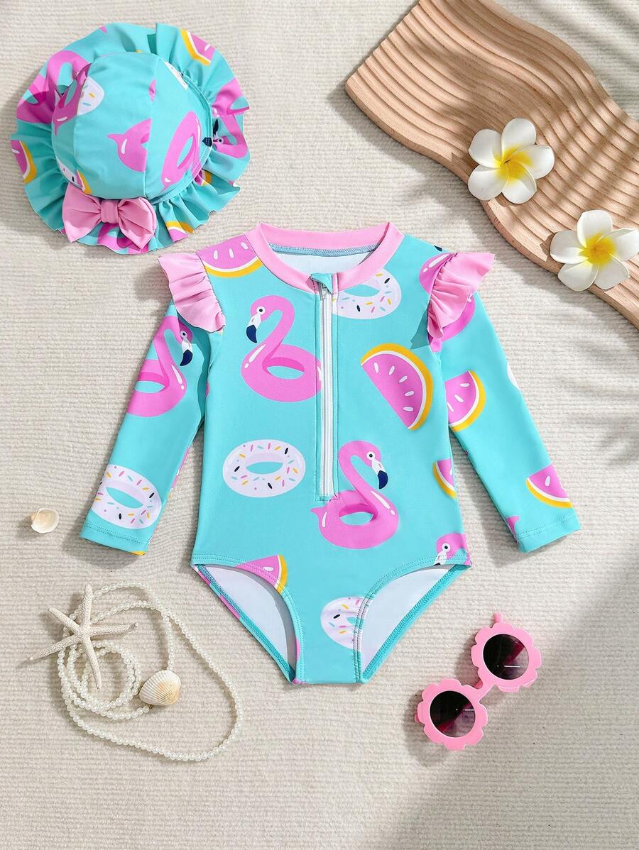 Baby Girl Cute Printed One-Piece Swimsuit Toddler Girl Long Sleeve Swimsuit Toddler Rash Guard Girl Toddler Girl Swimsuit With Hat Flamingo Swimsuit Toddler Girl Two Piece Swimsuit Toddler Girl