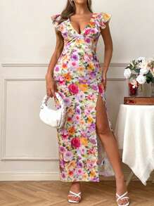SHEIN VCAY Damen Große Größen Blumen Muster Tiefer V-Ausschnitt Rüschen Saum Sexy Urlaubs Kleid - Pink - Übersicht 2