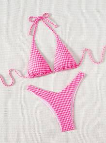 SHEIN Swim 2pcs Women's Printed Halter Pink Bikini Set, Textured Material, For Vacation For Summer - Pink - View 3
