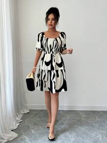 Chiquease 女式杏色印花褶皱迷你连衣裙，修身设计，休闲度假风格，短袖 - 杏色 - 查看 5