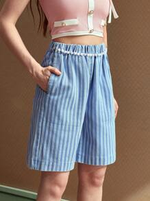 SHEIN EZwear Women's Casual Striped Chain Decorated Denim Shorts, Summer - Blue - View 4