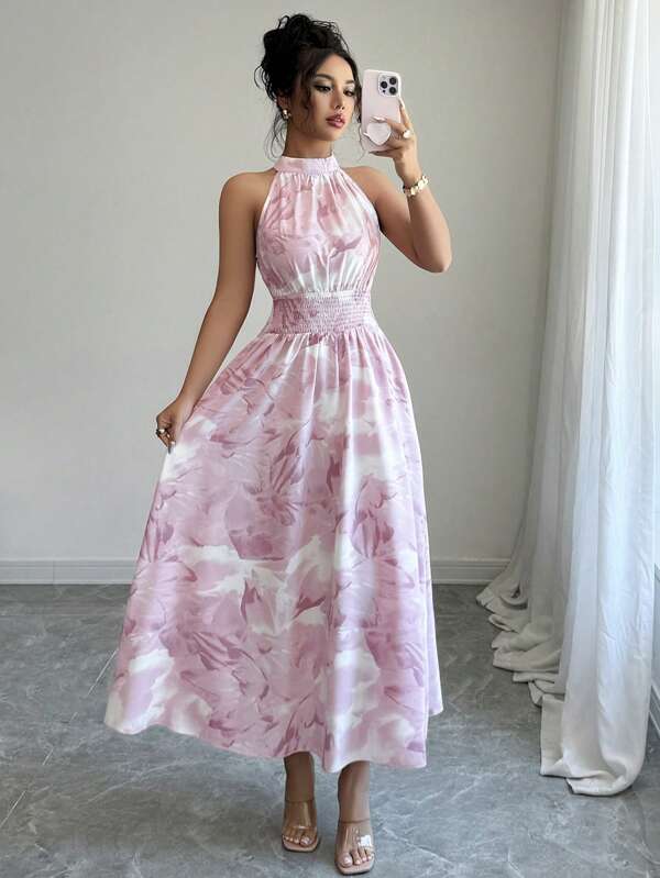 Modelyn Damen Batik Muster ärmelloses A-Linien Neckholder Kleid
