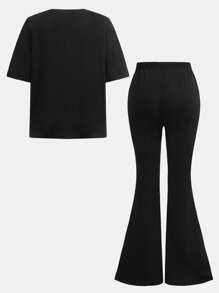 SHEIN 2pcs Set: Tween Girl Leopard Print Bow Pattern Casual Loose Short Sleeve Round Neck T-Shirt & Flare Pants, Suitable For Summer - Black - View 2