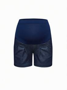 SHEIN Pantalones cortos vaqueros informales de maternidad de unicolor, plisados, con parches elásticos para el verano