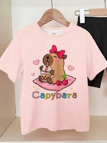 SHEIN Leap Crew 2 件套青少年女孩休闲简约短袖 T 恤和短裤套装，适合夏季 - 彩色 - 查看 5