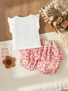Blossori Set 2 Potong untuk Bayi Perempuan: Kaos Lengan Ruffle Putih dan Celana Pendek Motif Bunga Daisy Merah Muda, Untuk Liburan/Rekreasi - MultiWarna - View 2