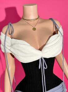 Slaydiva 2025 夏季新款音乐节复活节西部波西米亚风生日毕业典礼学生日常休闲假日巡航海滩日光浴病毒式露肩系带褶饰蝴蝶结撞色 V 领钩针女式毛衣连衣裙 - 彩色 - 查看 4