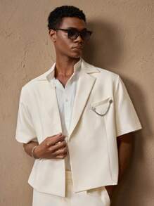 AKNOTIC 2pcs Casual Business Men's Tailored White Short Sleeve Suit Blazer Set, With Chain Decoration, Suitable For Summer, Vacation, Wedding, Party, Graduation Gift Men White Suit Set Men's Co Ord Set Cream Outfit Men Resort Outfit Two Pieces Set - White - View 6