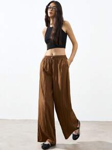 Women's Brown Casual Retro Classic Loose Pants,Elastic Waist Adjustable Straight Leg Trousers,Viscose Blend Fabric,Autumn Vacation Daily Commute - Bronze - View 6