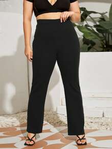 SHEIN Essnce Plus High Waisted Straight Leg Trousers - Black - View 4