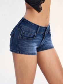 Jeanoix EZwear Women's Fashionable Elastic Denim Shorts With Pockets Y2k - Dark Wash - View 5