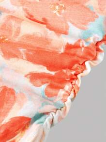 Girlism 青少年女孩 2 件套：花卉印花短款吊带上衣，配有荷叶边下摆和透明肩带，荷叶边上衣 - 珊瑚橙 - 查看 4