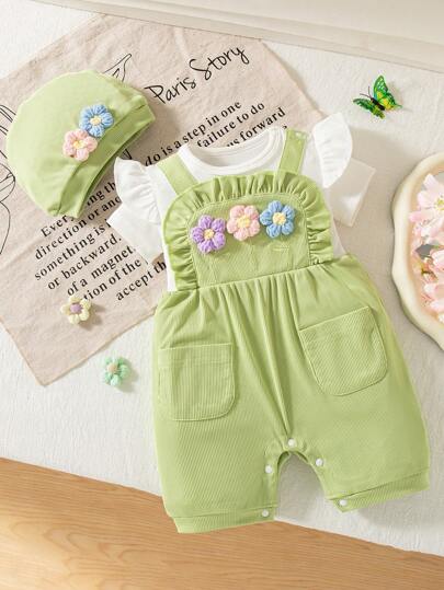 SHEIN Playful Pals 2 件女婴夏季时尚套装：可爱 3D 花卉刺绣荷叶边袖连体衣和帽子