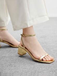 CUCCOO BIZCHIC 女士时尚金色细带踝带舒适粗跟凉鞋，适合通勤、约会、派对、度假、户外散步 - 金色 - 查看 3