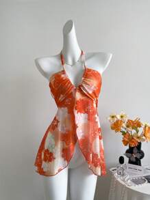 Sweetra Zufällig geschnittenes Blumenprint-Mesh-Top ohne Ärmel für Frauen