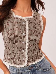 WESTFADE 乡村西部夏季倦怠花卉格子荷叶边纽扣前部宽松背心牛仔女郎牛仔竞技纳什维尔度假春夏海滩休闲 - 棕色 - 查看 2