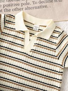 SHEIN 2 件套男婴/女婴休闲趣味纹理条纹 Polo 衫和松紧腰牛仔短裤夏季服装，适合居家、户外、旅行 - 卡其色 - 查看 4