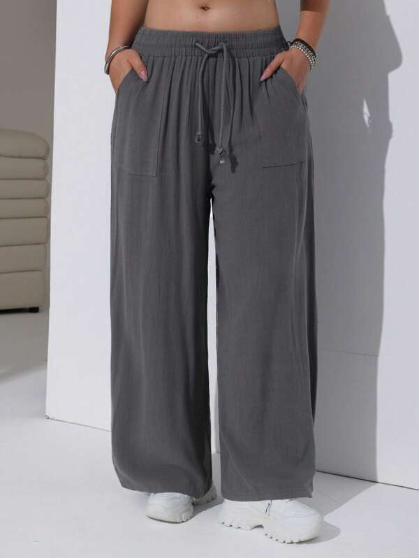 SHEIN EZwear Pantaloni de damă de mărime mare, de culoare solidă, cu șnur, talie, picior lat, lejer, cu buzunare
