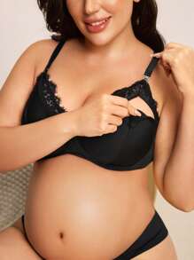 BloomMama Plus Size Maternity & Nursing Bra, Simple Romantic, Removable Cups, Lace Patchwork, Suitable For Pregnancy & Lactation Period, Lift - Black - View 1
